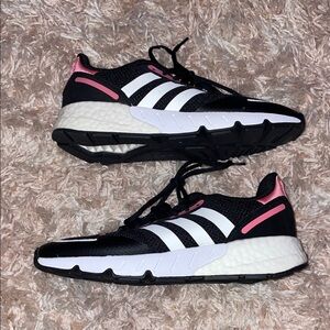 Adidas Women's Black and White Sneakers with Pink Accents